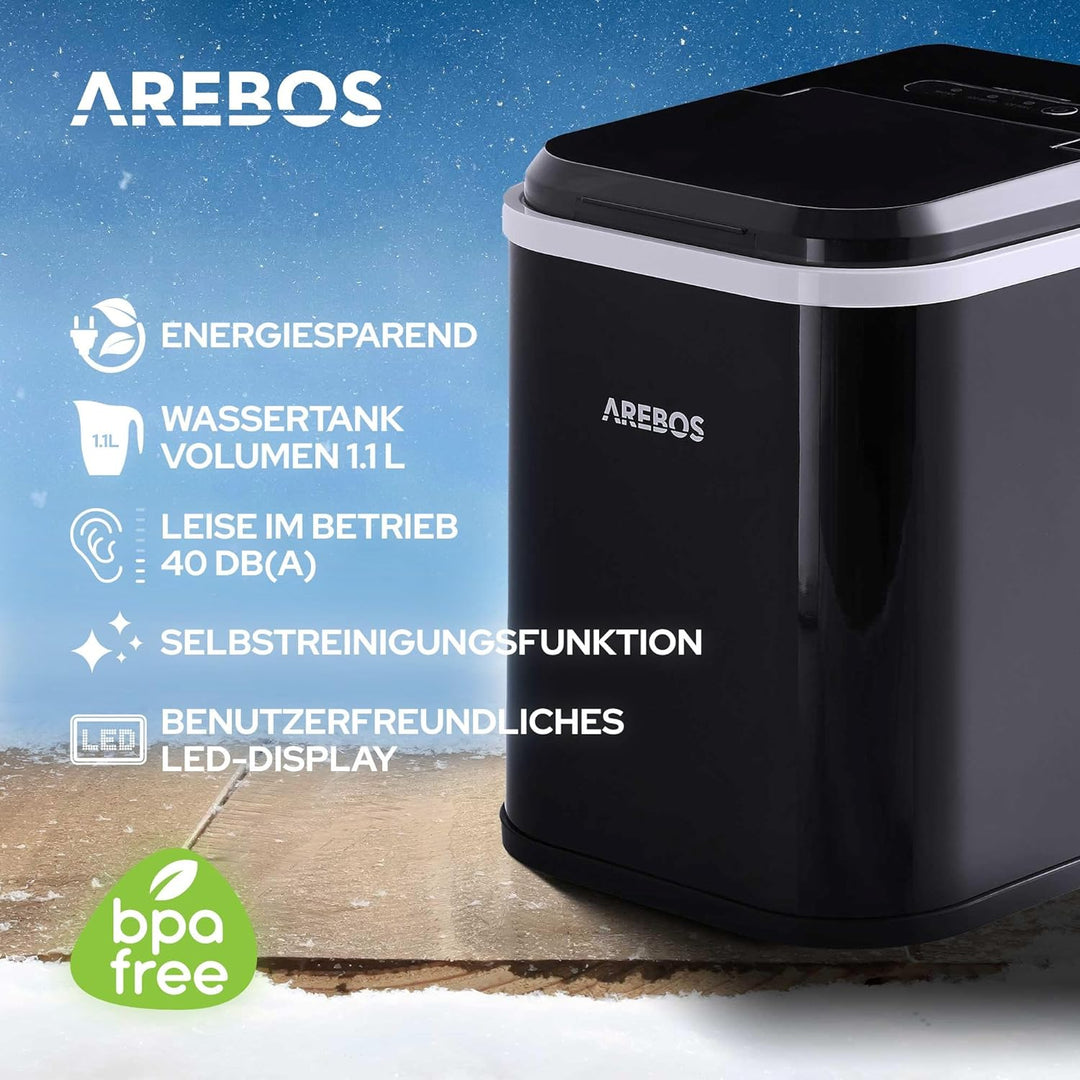 Arebos Eiswürfelmaschine | Ice Cube Maker | 12 kg / 24 h | 10-15 Minuten Produktionszeit | 1,1 Liter