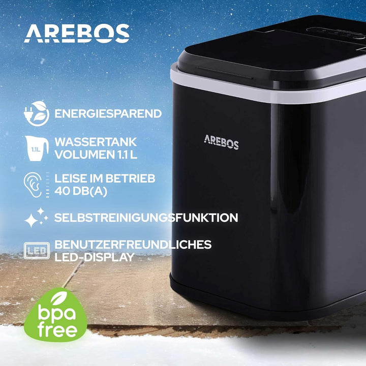 Arebos Eiswürfelmaschine | Ice Cube Maker | 12 kg / 24 h | 10-15 Minuten Produktionszeit | 1,1 Liter