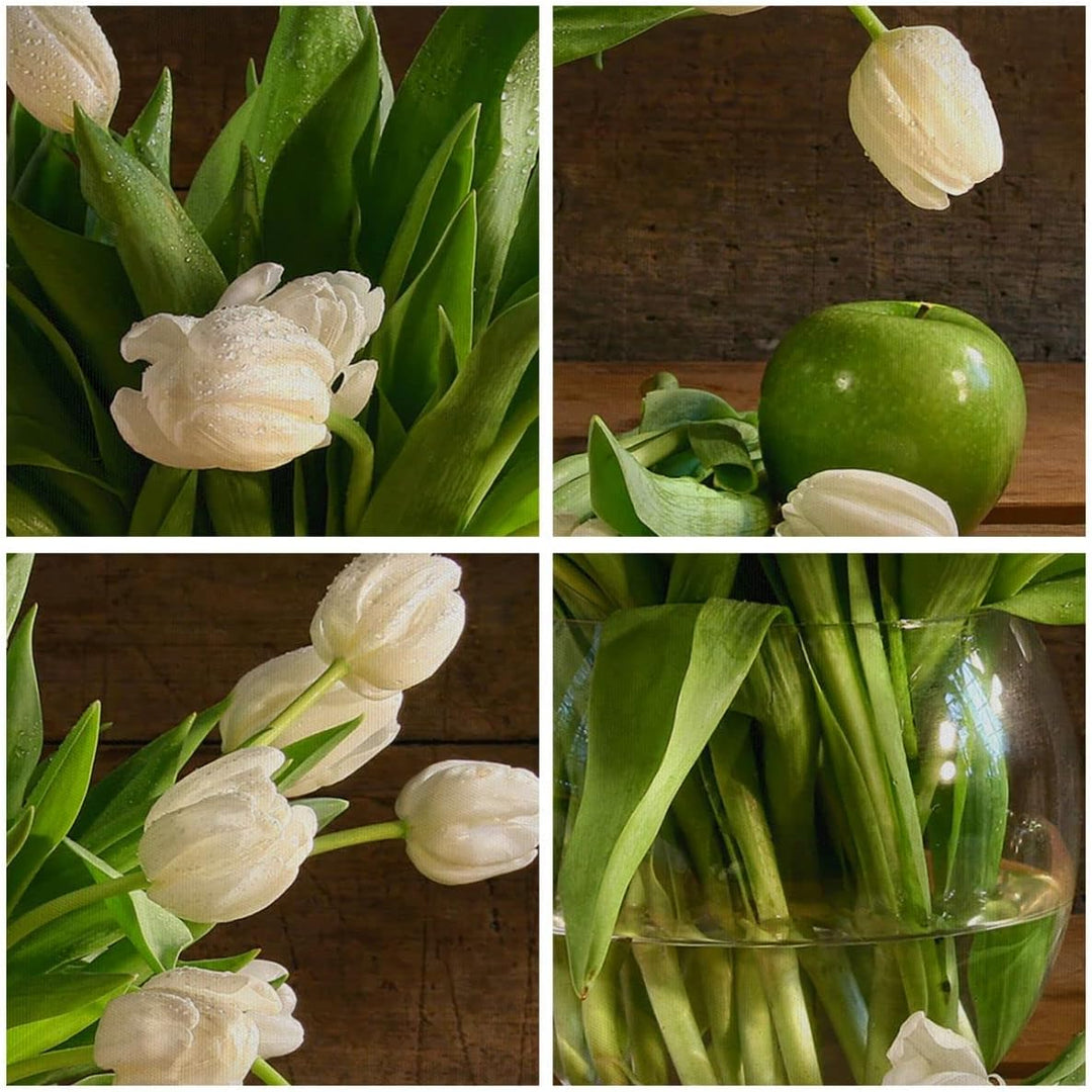 Wandbilder Dekoration Wohnzimmer Tulpen Apfel Blumenstrauss Frühling Bilder auf Leinwand 120x50cm Le