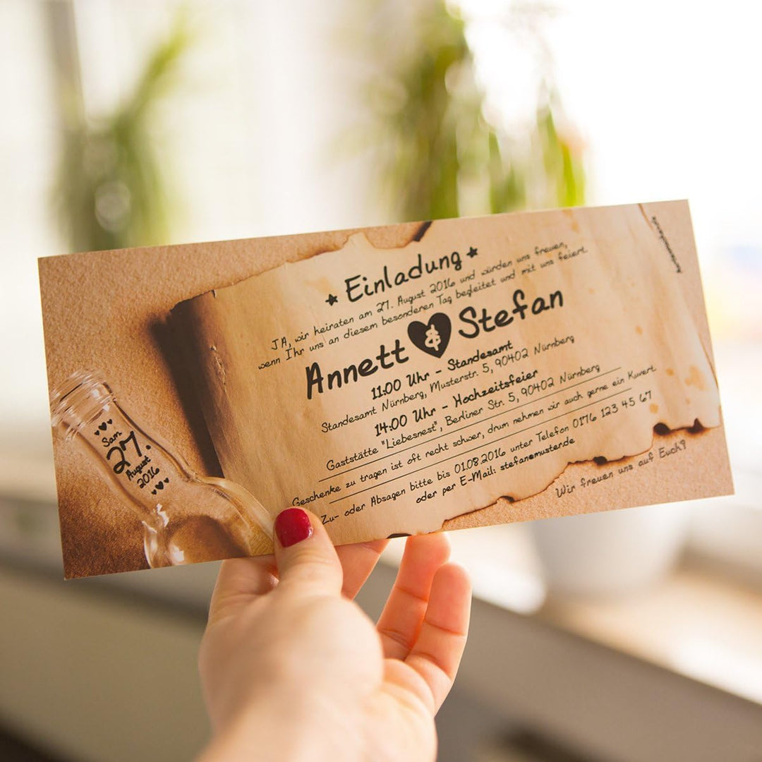 10 x Hochzeitseinladungen goldene Hochzeit Goldhochzeit Einladungen individuell - Flaschenpost Motiv