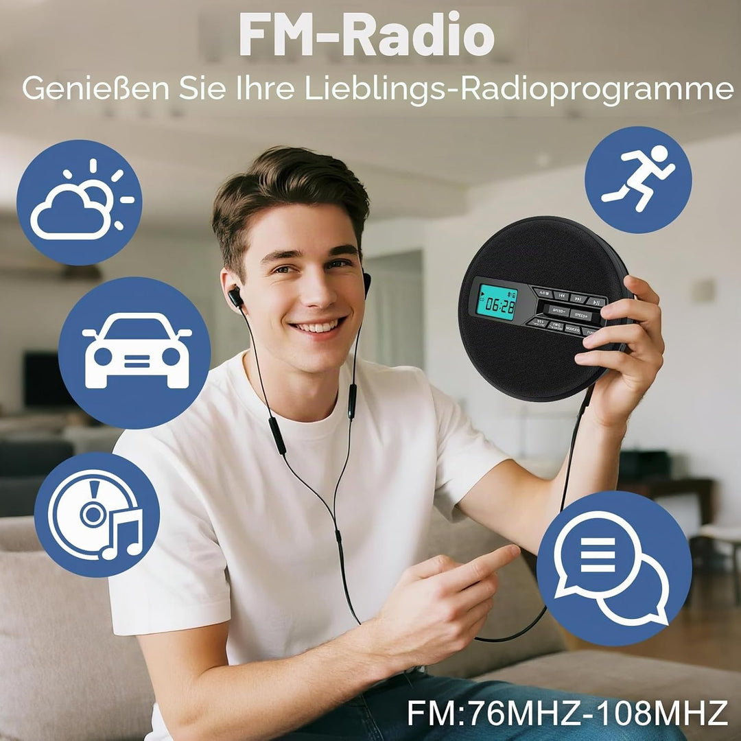 Tragbarer CD-Player mit Dual-Lautsprechern | Antischock, USB/AUX, LCD-Display | 5 EQ-Modi, A-B Repea