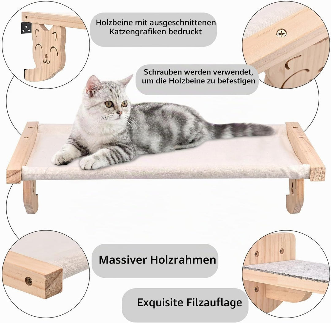 Katzenhängematte und Wandregal, Holzmöbel für Katzen, Schlaf- und Spielplattform