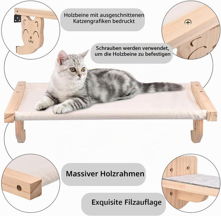 Katzenhängematte und Wandregal, Holzmöbel für Katzen, Schlaf- und Spielplattform