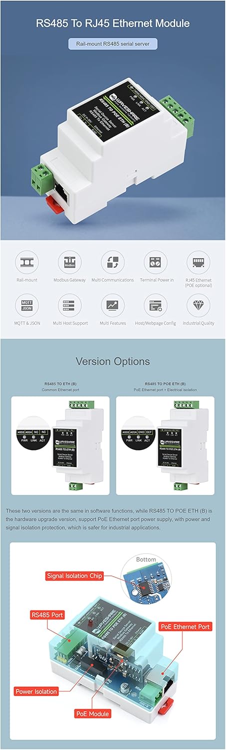 Industrial RS485 to RJ45 Ethernet Serial Server, Support POE Ethernet Port Power Supply, Electrical