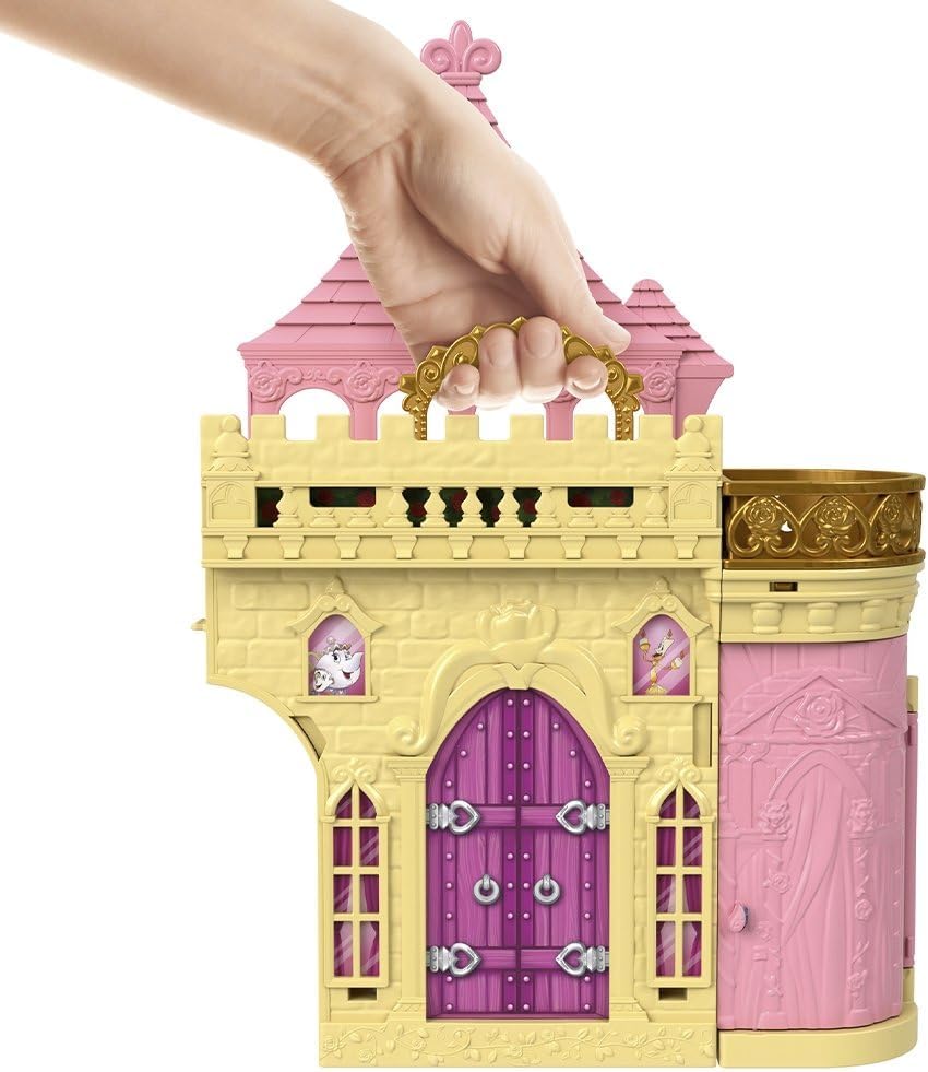Mattel Disney Prinzessin-Spielzeug, Belles Stapelschloss Puppenhaus-Spielset mit kleiner Puppe und 9
