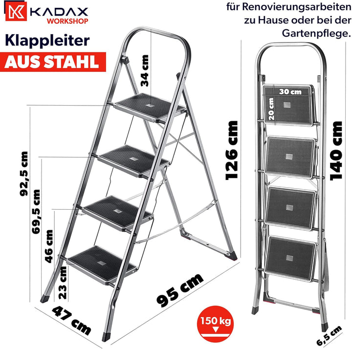 KADAX Klappleiter aus Stahl, Trittleiter mit Traglast bis 150kg, Leiter mit Klappsicherung, Handlauf