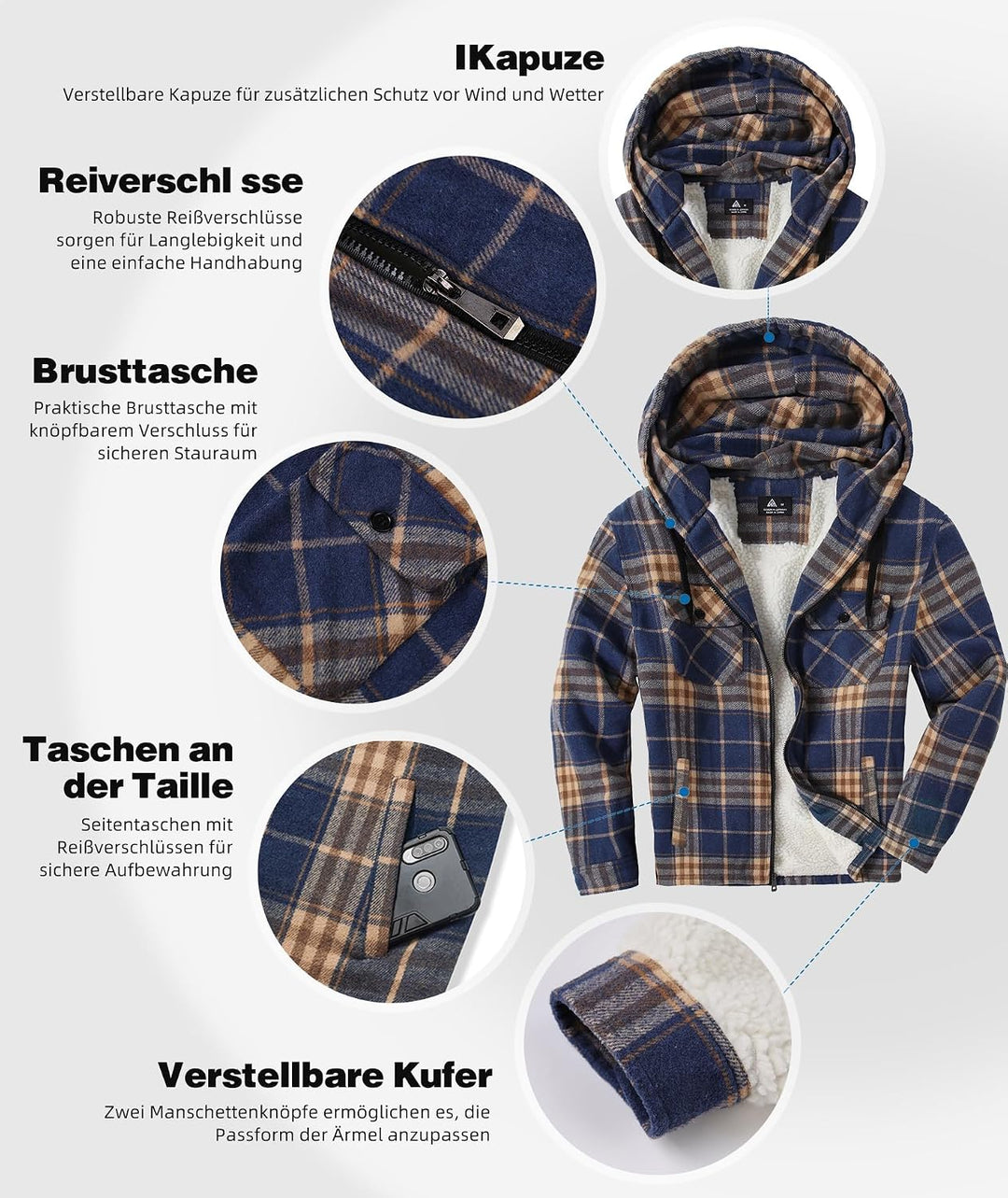 JACKETOWN Hemdjacke Kariertes Herren hoodies Flanelljacke Warm Thermohemd Herren Holzfäller Jacke Ve