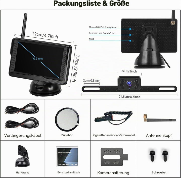 Wireless Digitales drahtloses Rückfahrkamera Kit mit 4,3" IPS-Bildschirm Nachtsicht IP69 wasserdicht