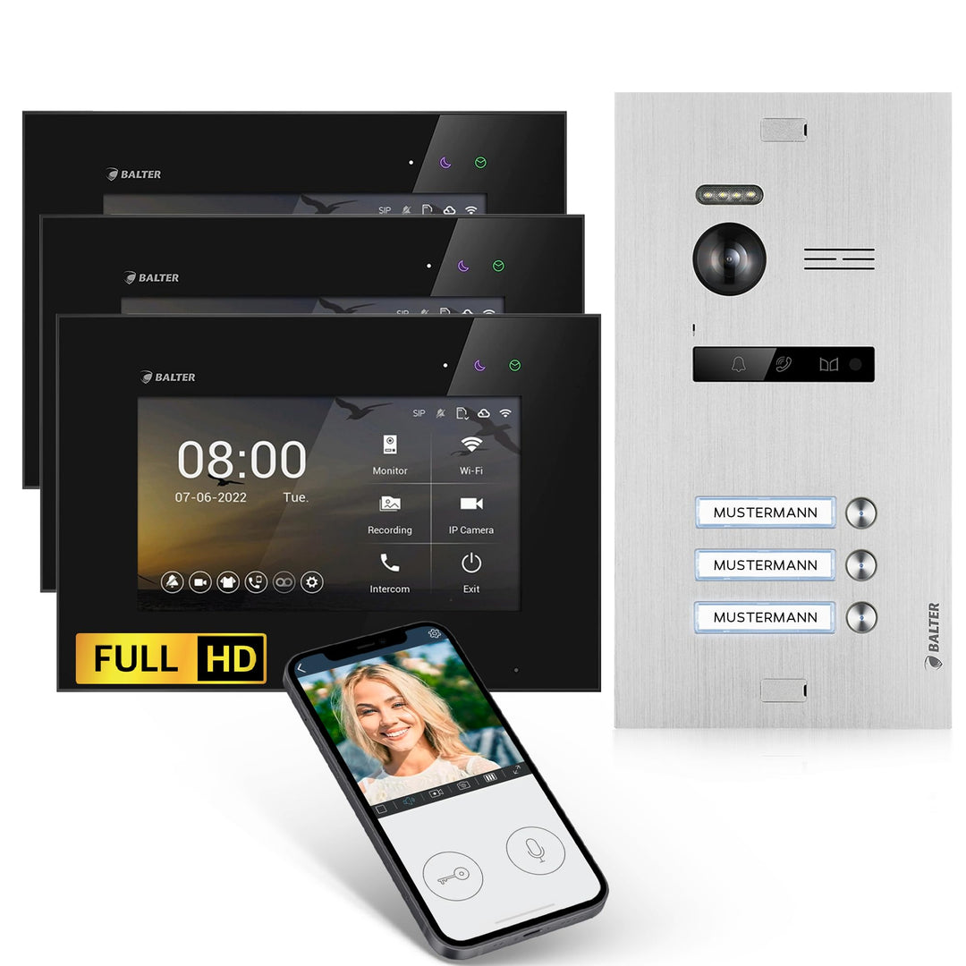 Balter EVO-HD Video Türsprechanlage, Video Türklingel mit Kamera, 3 Familienhaus Klingel, 3X 7 Zoll