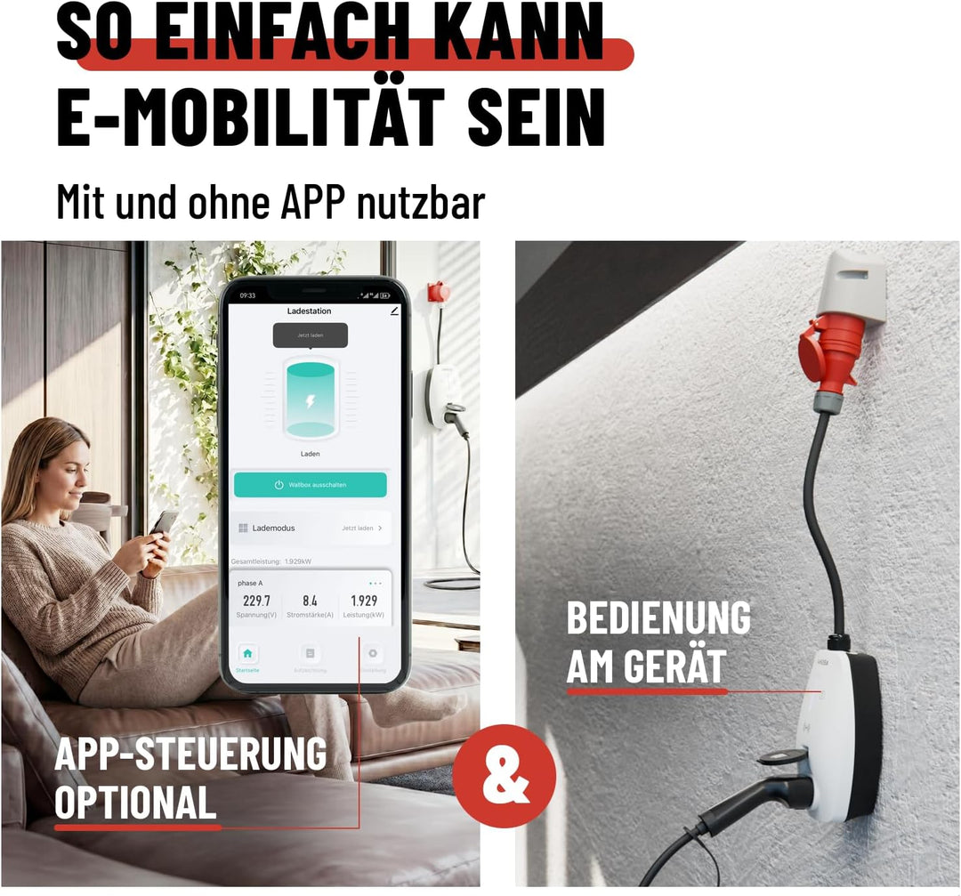 ABSINA Mobile Wallbox 11kW 16A mit App Steuerung - Wallbox mit CEE Stecker, RFID & Einstellbarer Lad