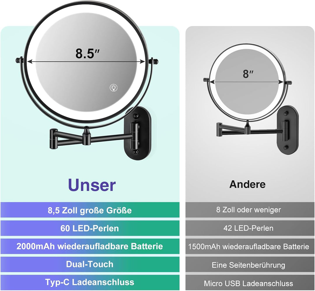 LED Kosmetikspiegel mit Wandhalterung, 30-fache Vergrösserung, 3 Lichtfarben, USB-Aufladung, Schwarz