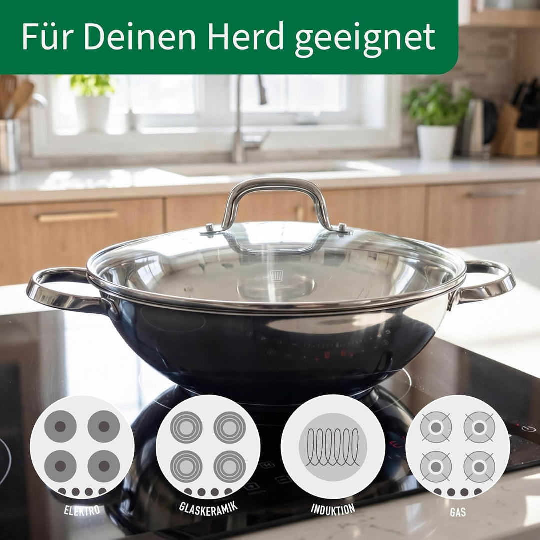 FACKELMANN Chefkoch trifft Wokpfanne Rosenheim – Ø30 cm, Glasdeckel inkl. Dampföffnung und Aluminium