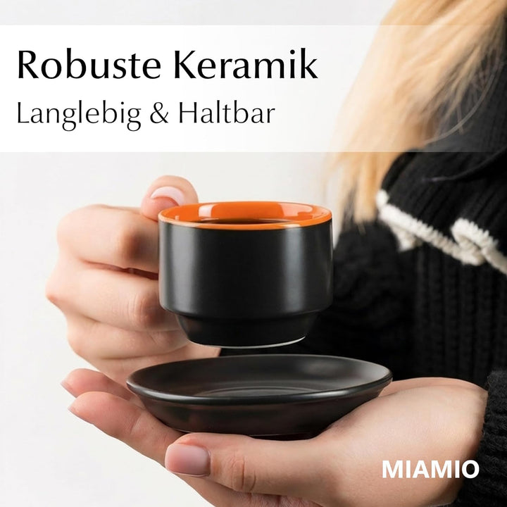 MIAMIO - 6 x 75 ml Espressotassen Set/Espresso Tassen Set mit Untertasse & Ständer - Kaffeetassen Se
