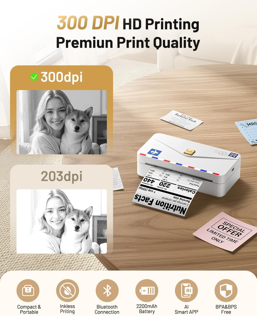 Phomemo M04AS 110mm Mini Drucker - Taschendrucker 300DPI Tragbarer Thermodrucker für Handy Bluetooth