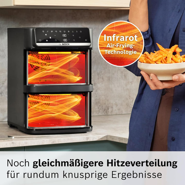 Bosch Serie 6 XXL Heissluftfritteuse, 12 L Doppelkammer, platzsparend, 6 Programme, PFAS frei, schwa
