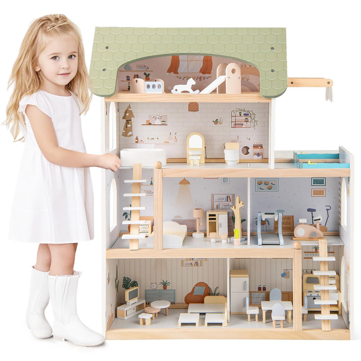 COSTWAY Puppenhaus Holz, Kinder Dollhouse mit 33 Möbelstücken, Puppenstube mit Balkon & Pool, Puppen