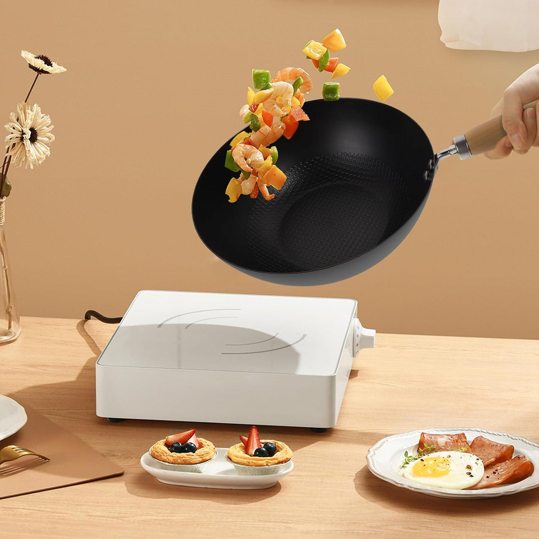 Angoily Kleiner Japanischer Wok 24cm aus Schmiedeeisen Handlicher Haushaltswok mit Hitzebeständigem