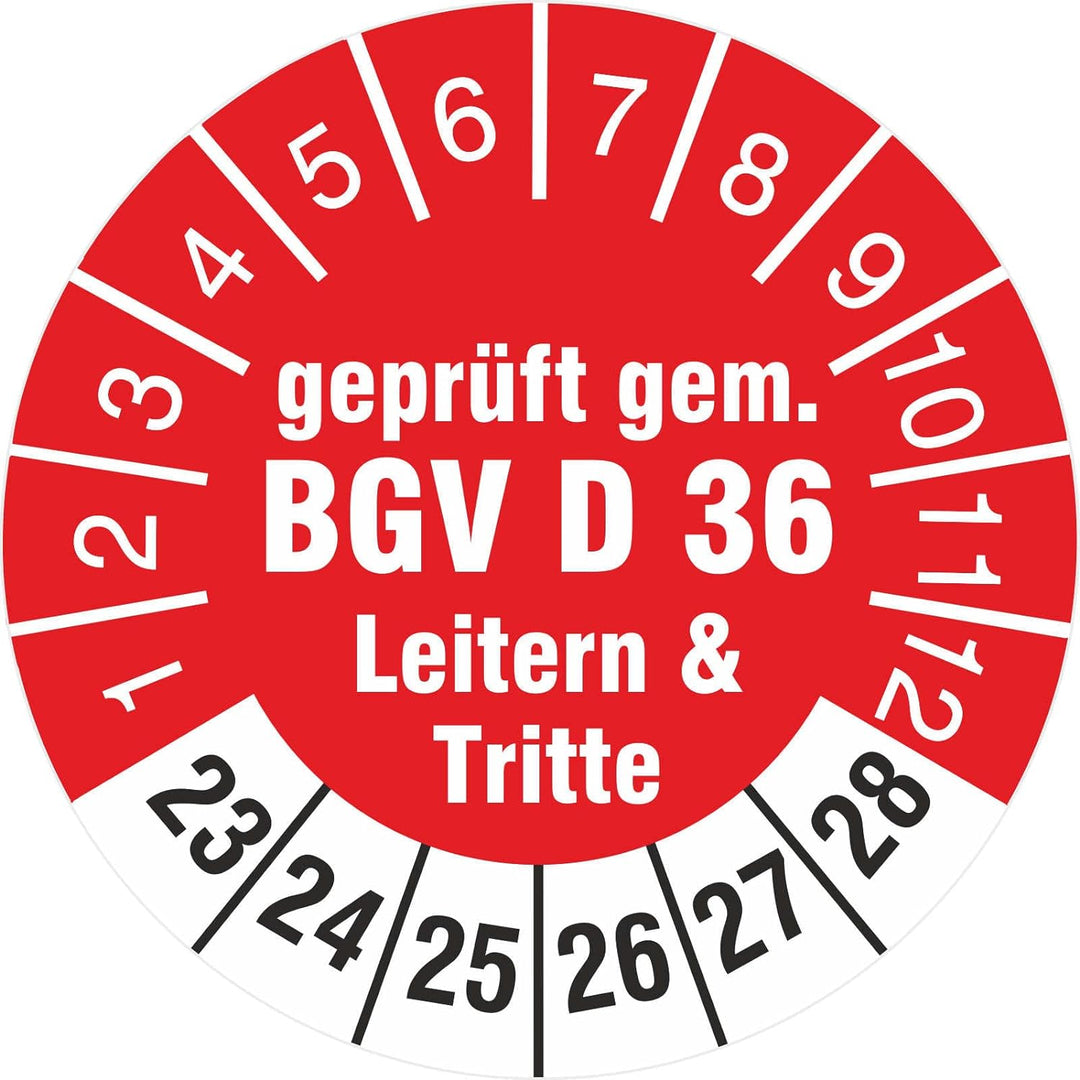 500 Stück Prüfplaketten 18 mm geprüft gemäss BGV D36 Leitern und Tritte Prüfetiketten 2023-2028 Roll