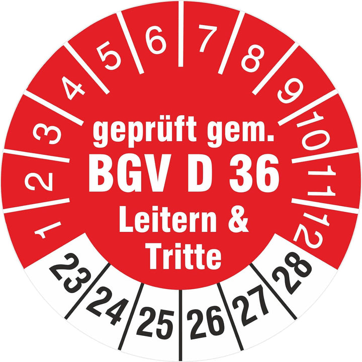 500 Stück Prüfplaketten 18 mm geprüft gemäss BGV D36 Leitern und Tritte Prüfetiketten 2023-2028 Roll