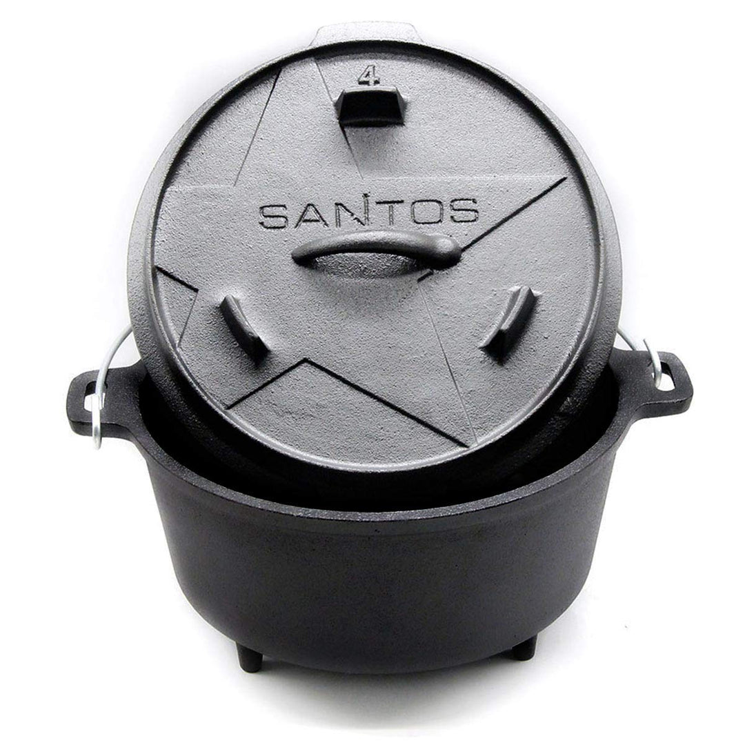SANTOS Dutch Oven mit Deckel - Schmortopf für Aussenküche - 3,7 L/4,5 Qt Feuertopf mit Füssen - Guss