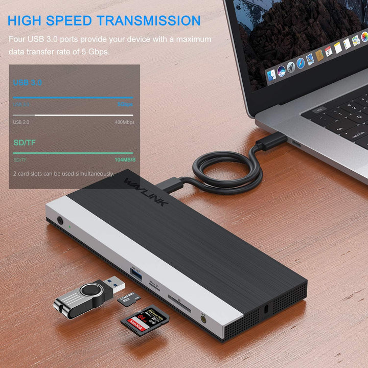 USB C Docking Station Triple Display, USB C Hub, 13 in 1 Dockingstation, WAVLINK USB-C Adapter mit 2