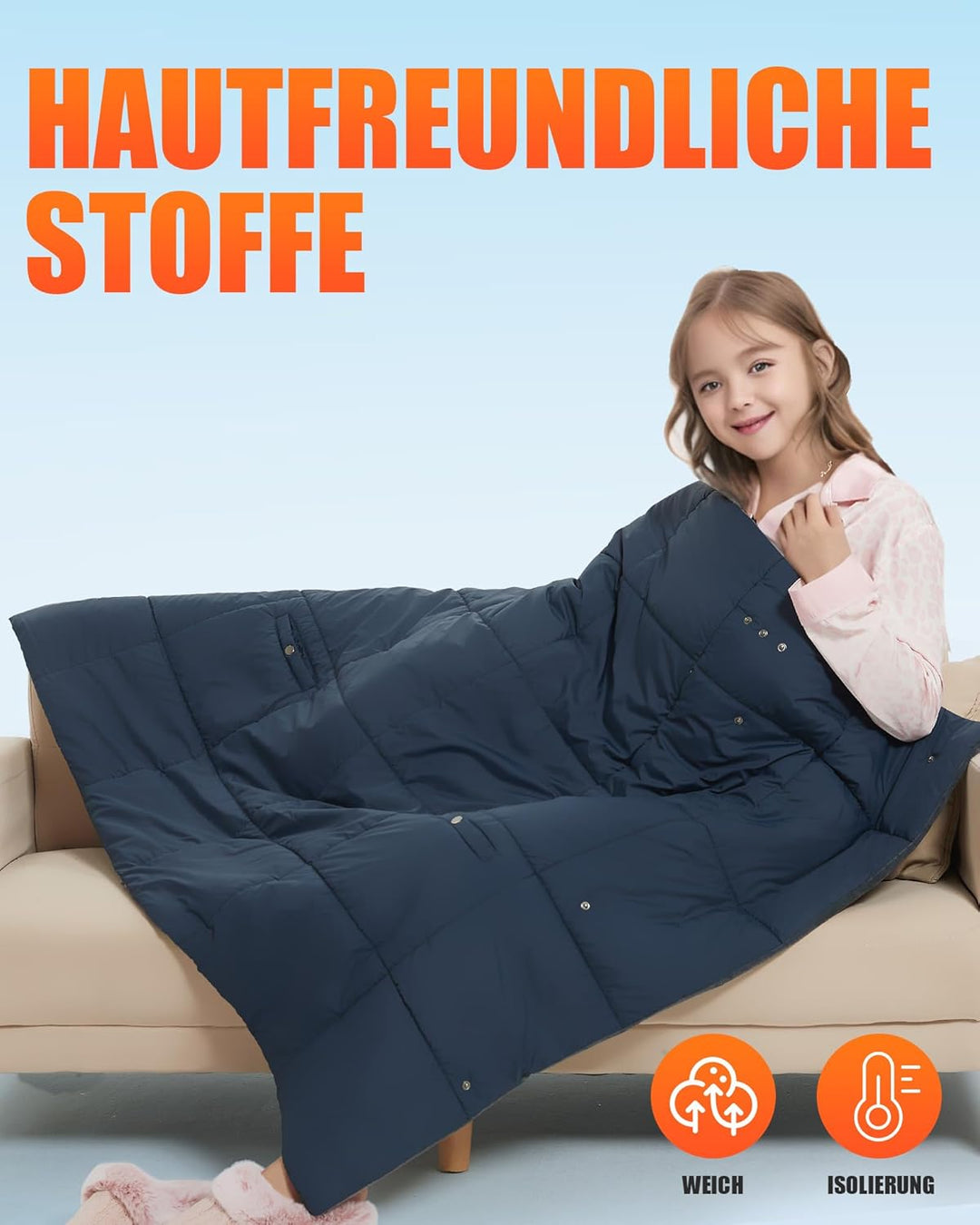 Kinder Heizdecke mit Akku Kabellos – 7,4V DC 10000mAh Tragbare Elektrische Wärmedecke mit 8 Heizzone