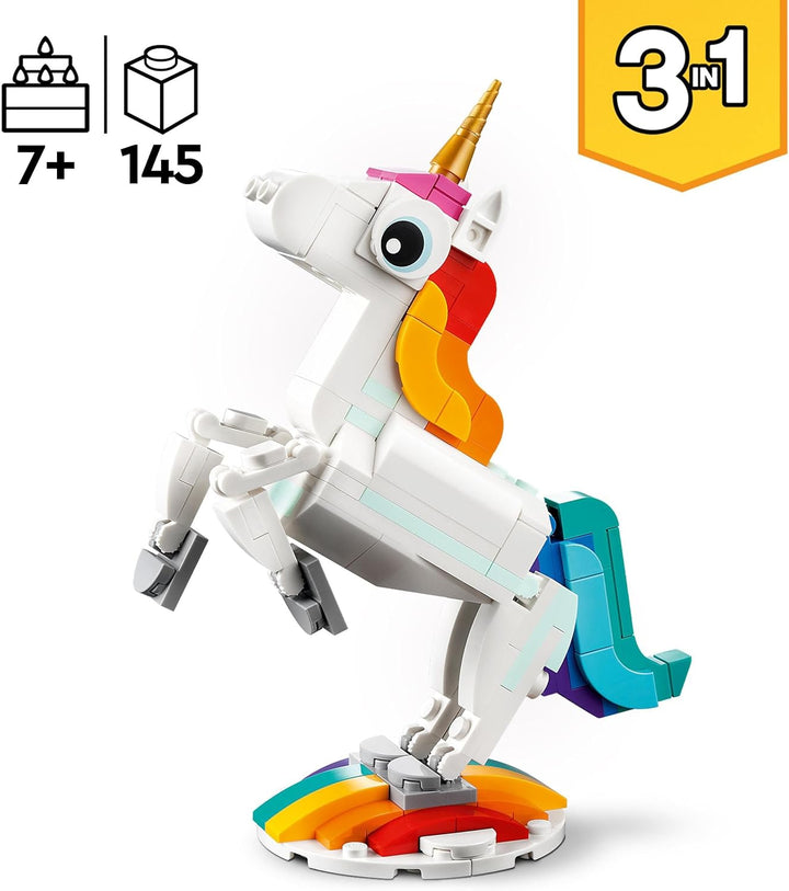 LEGO 31140 Creator 3in1 Magisches Einhorn Spielzeug, Seepferdchen, Pfau, Regenbogen-Einhorn-Tierfigu