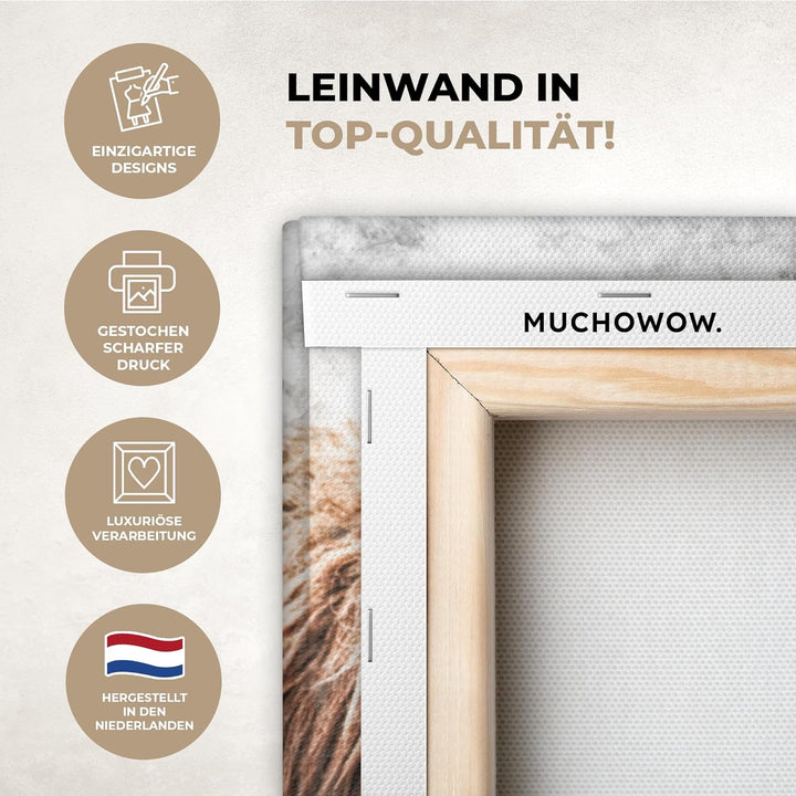 MuchoWow Leinwand Bilder, Einzigartige Wanddeko mit Rahmen, Schottischer Hochländer - Rauch - Flora,