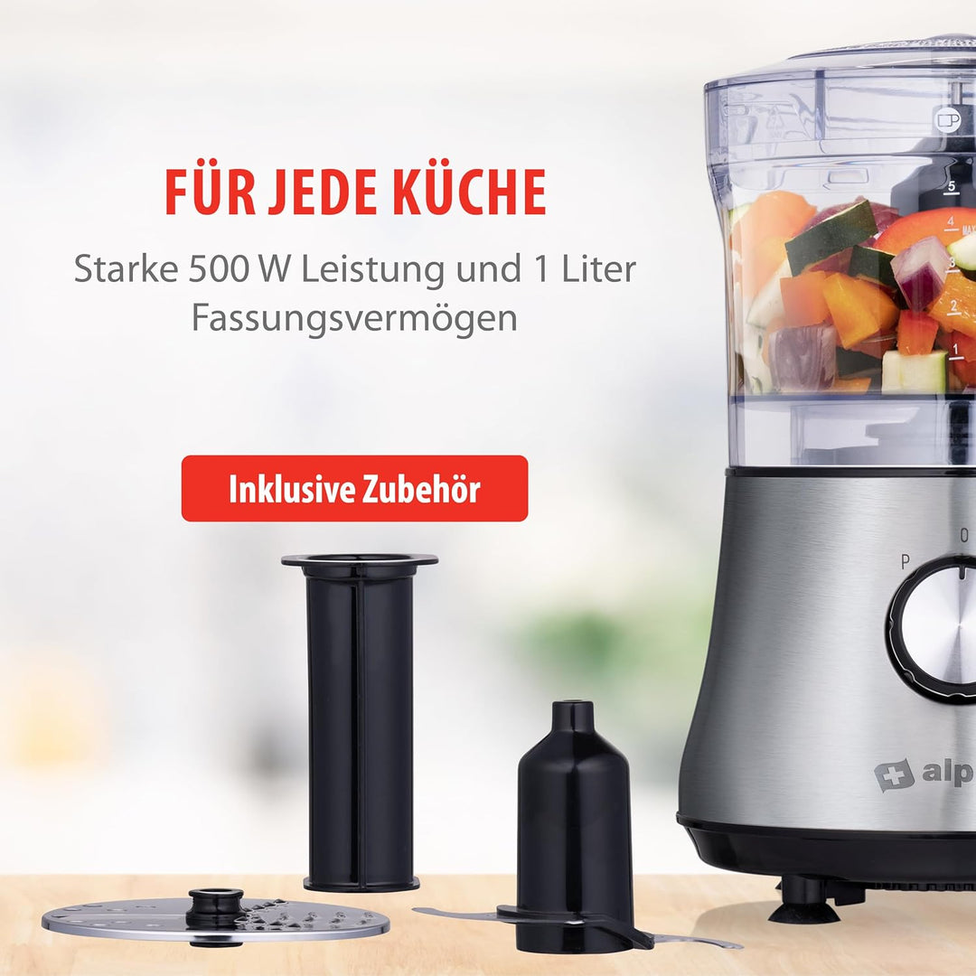 alpina 3-in-1 Küchenmaschine - 1L - 600W - Food Processor - 2 Geschwindigkeiten - Hacken, Schneiden