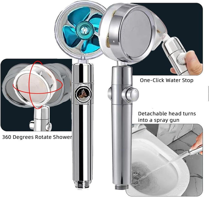 2 Stück Propeller Duschkopf 360° Drehbar mit 6 Filtereinsätzen, Wassersparender Druckerhöhender Hand