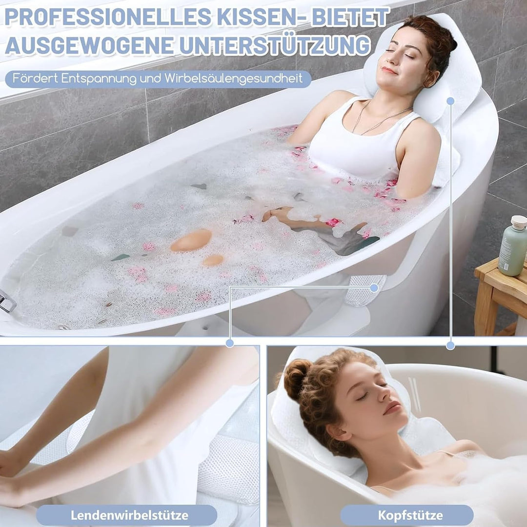 Badewannenkissen Ganzkörper, 142x45cm Badewannenmatte mit Kopfstütze und Lendenwirbelstütze, schnell