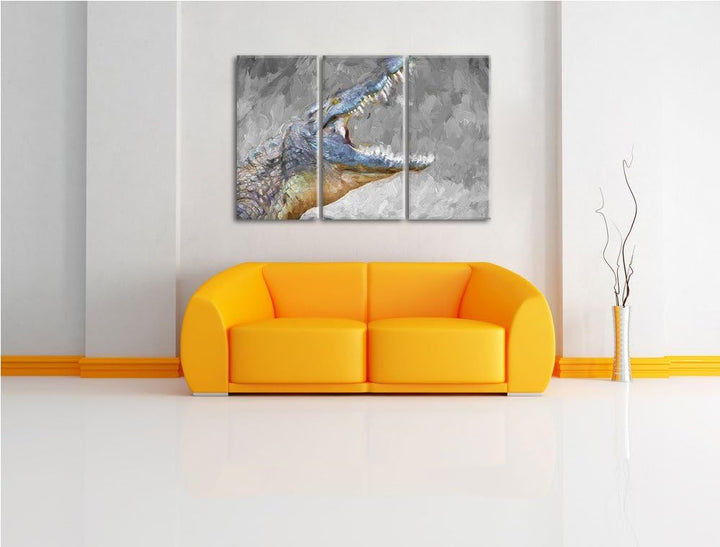 gewaltiges stolzes Krokodil schwarz/weiss Deluxe 3-Teiler Leinwandbild 120x80 Bild auf Leinwand, XXL