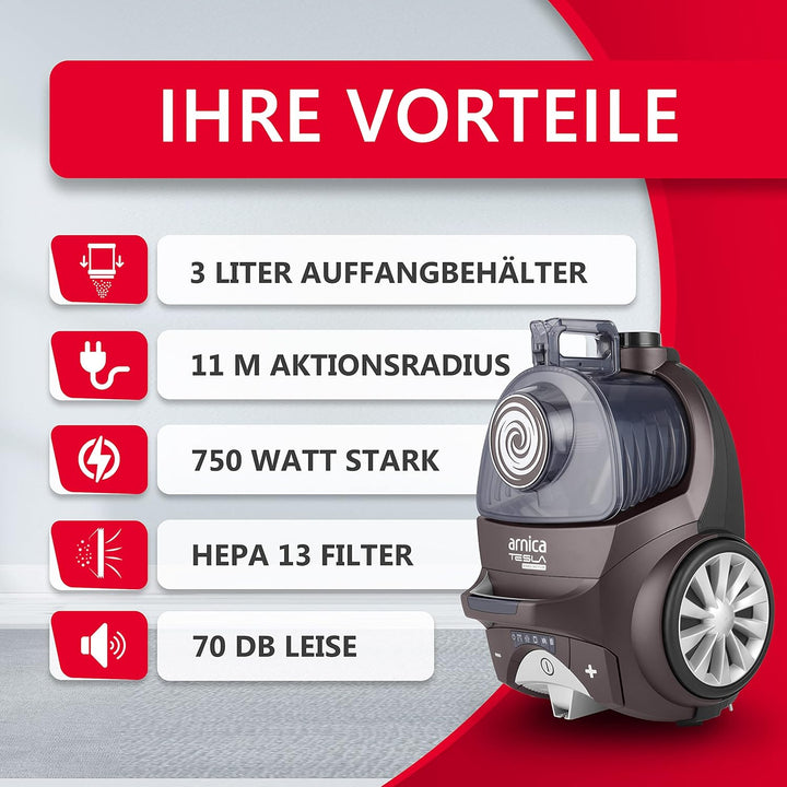 arnica - Staubsauger beutellos 750 Watt I 70 dB I 5 Düsen Ideal für Tier-Haare I 3 Liter I HEPA 13 F