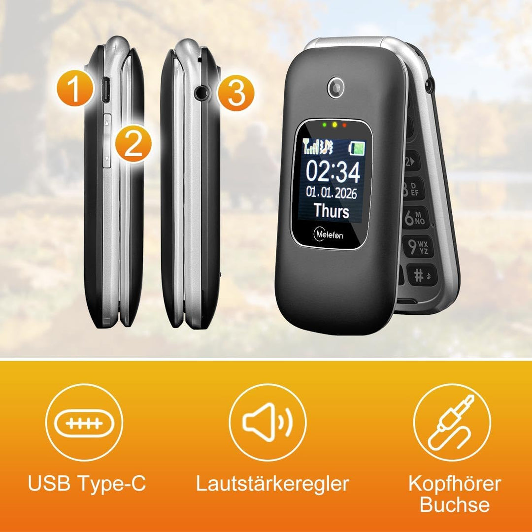 Melefon 4G Flip Handy für ältere Menschen, Telefon mit grosser Taste, lauter Lautstärke, 2,4+1,44 Zo