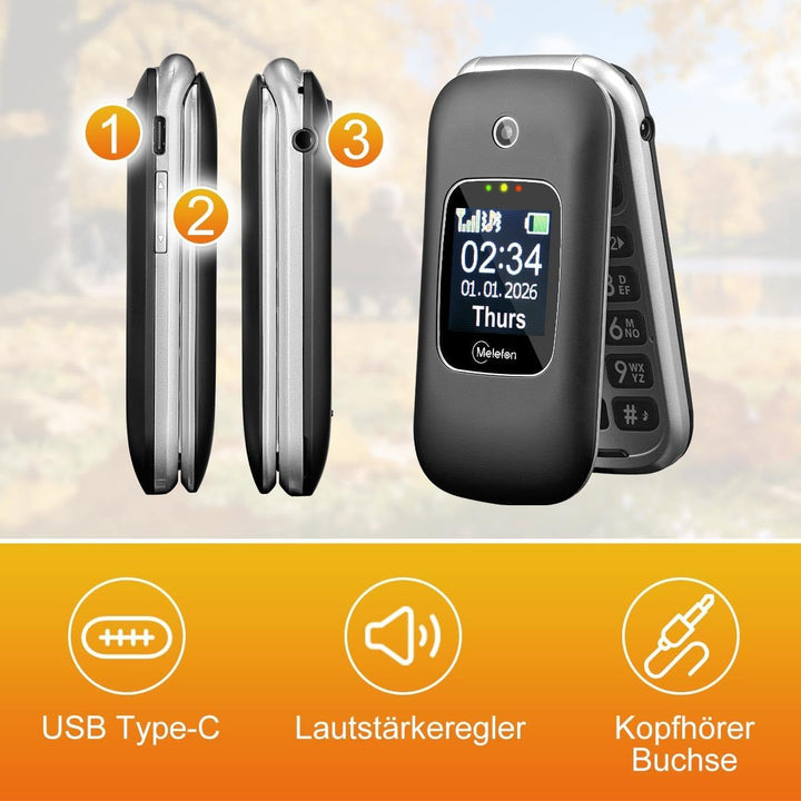 Melefon 4G Flip Handy für ältere Menschen, Telefon mit grosser Taste, lauter Lautstärke, 2,4+1,44 Zo