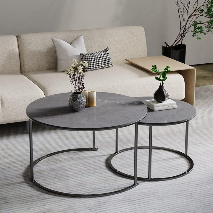 FATIVO Marmor Couchtisch 2er Set: Satztisch Rund Wohnzimmertisch mit schwarz Metallrahmen - Satztisc