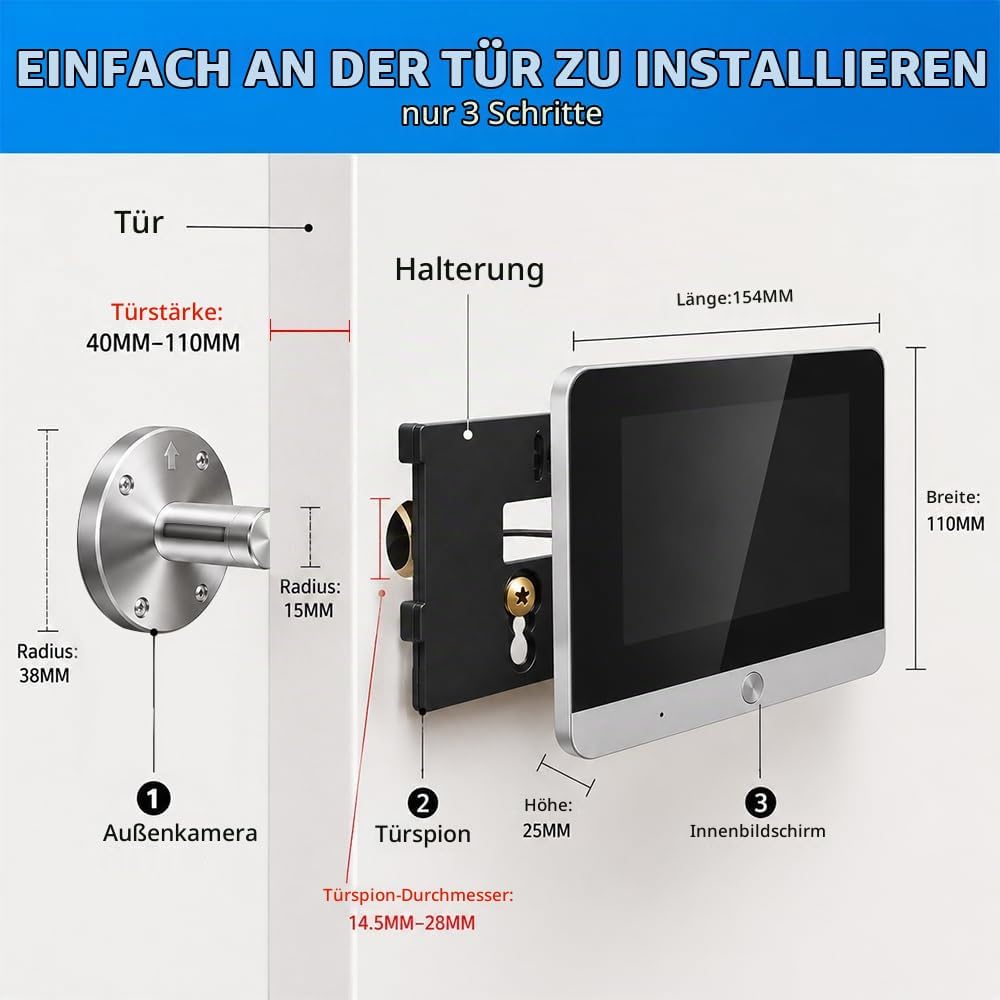 TKSTAR Türspion Überwachungs-Kamera Funk WLAN WiFi Handyübertragung mit APP Handy Aufzeichnung + Bew