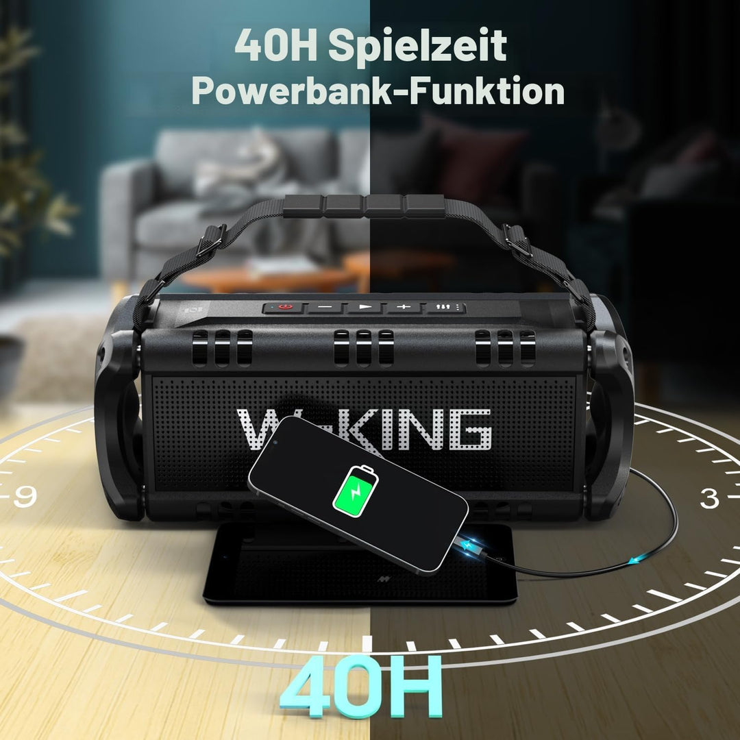 Bluetooth Lautsprecher, W-KING 50W Musikbox mit Enormer Bass/EQ/Powerbank/24H Akku/Wasserdicht IPX6