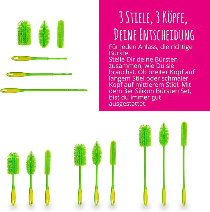 Kochblume Silikonbürsten 3er Set mit Wechselköpfen | Flaschenbürste, Spülbürste, Antibakteriell, Kei