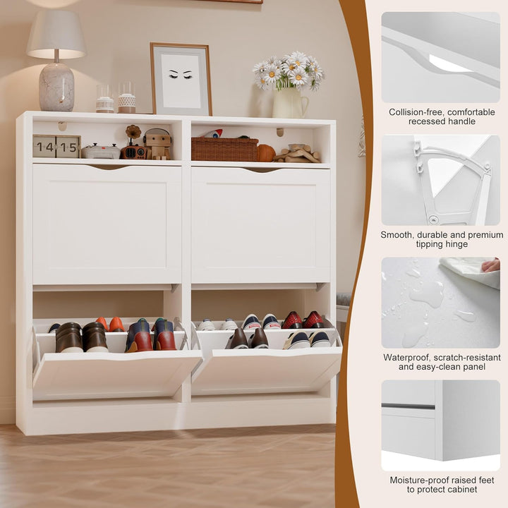 ELUCHANG Schuhschrank schmal mit 4 Klappen / 8 Ablagen, Platzsparender Schuhkipper Schuhkommode, Ges
