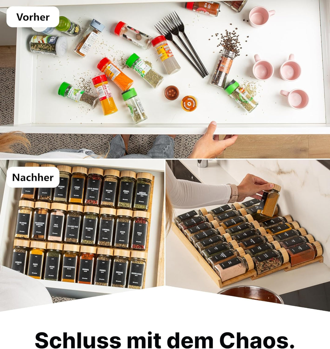 Deco haus® Gewürzregal Schublade [MIT 24 GEWÜRZGLÄSER & ETIKETTEN] - Gewürz Organizer Schublade - Ge