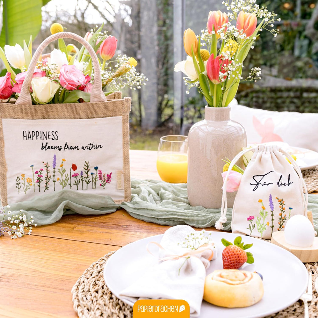 Papierdrachen Jutetasche Frühling - Geschenk und Dekoration zu Ostern - Happiness - Set 02 Frühling