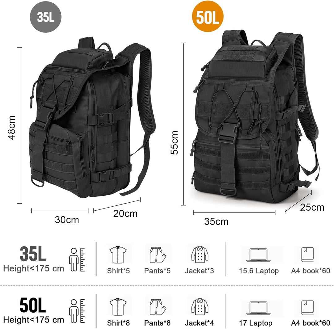 SHANNA Militärrucksack 35L/50L Armee Rucksack Molle, Hohe Kapazität Trekkingrucksack Wanderrucksäcke