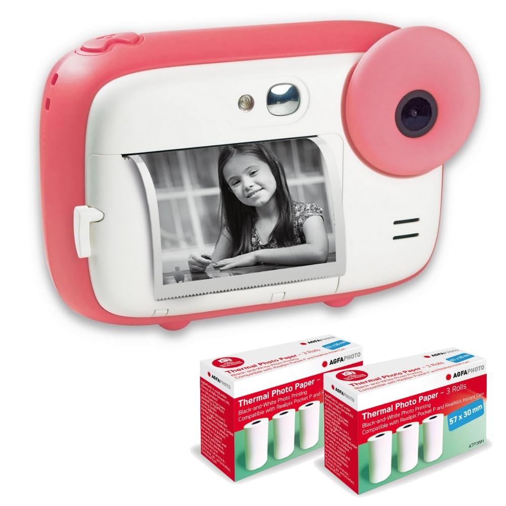 AGFA Photo Realikids Instant Cam + 6 Rollen Thermopapier, ATP3WH – Sofortbildkamera für Kinder, LCD-