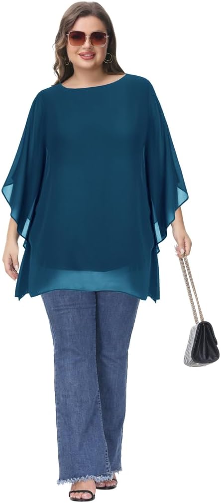 Hanna Nikole Damen Grosse Grössen Chiffon Blusen Elegant Fledermaus Hemd Doppellagige Tops Lose Long