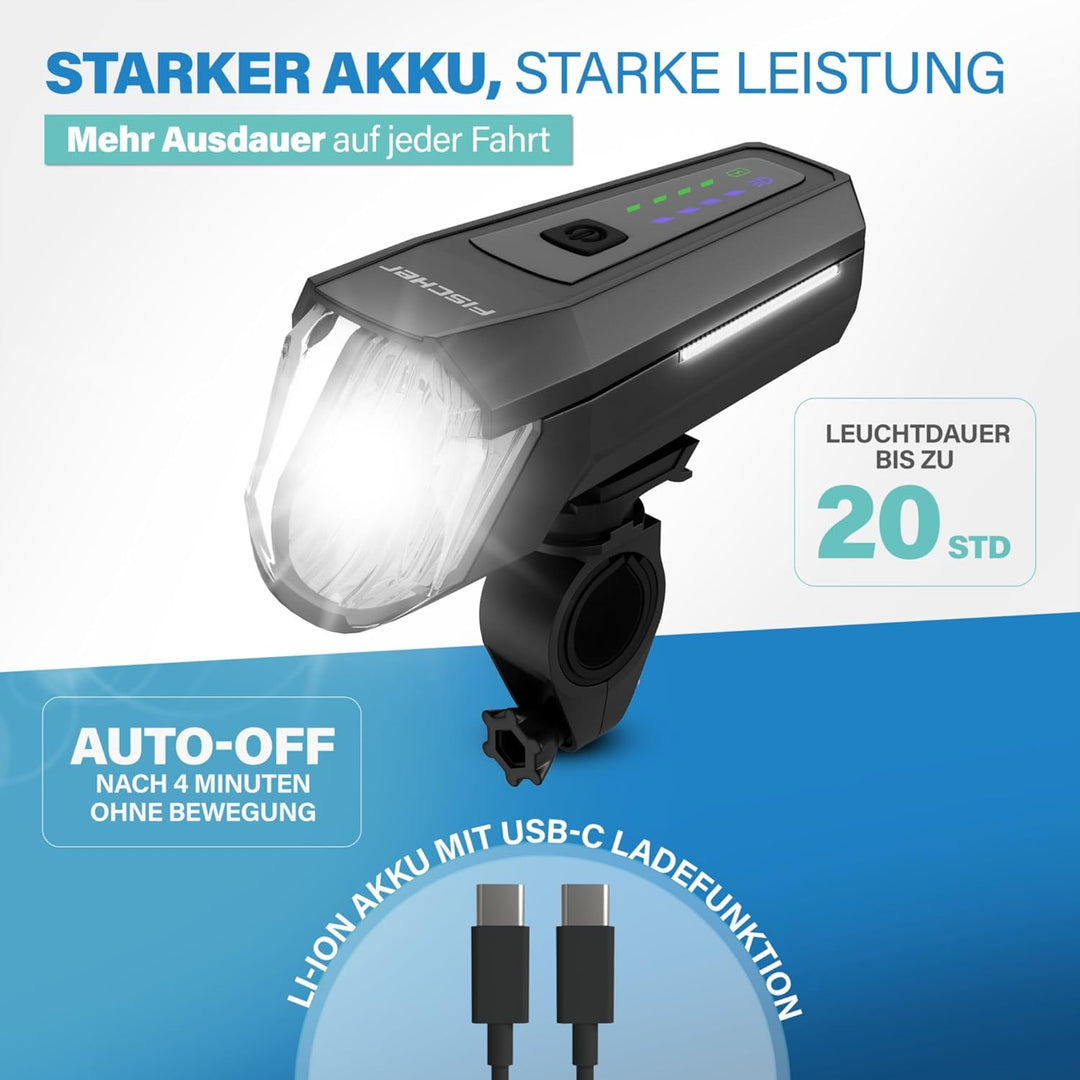 FISCHER Fahrrad LED-Frontlicht 110 Lux, mit Sensormodus, Leuchtweiteneinstellung, bis zu 20 Stunden
