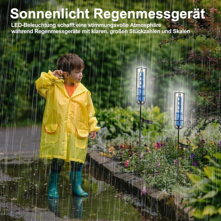 HOSPAOP Solar Regenmesser für Garten mit Erdspiess und LED, Niederschlagsmesser Frostsicher Glas für