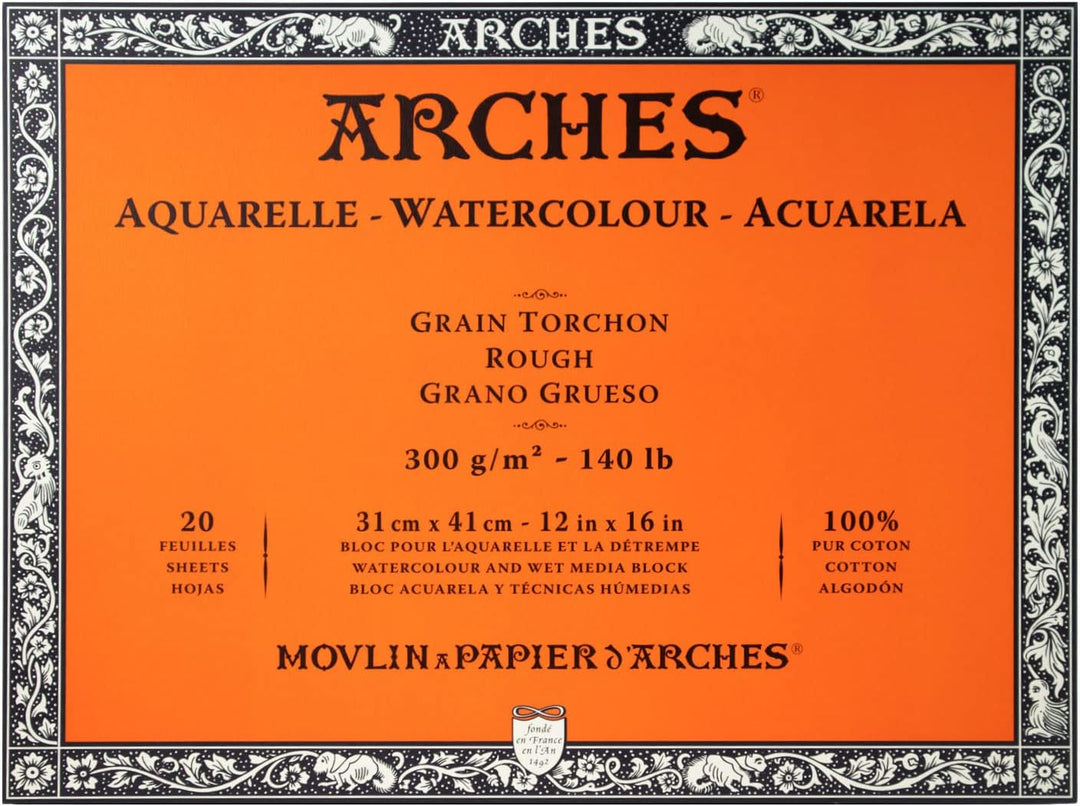 Arches 1795087 Aquarellpapier im Block (31 x 41 cm, 4-seitig geleimt, 300g/m² Grobkorn) 20 Blatt nat