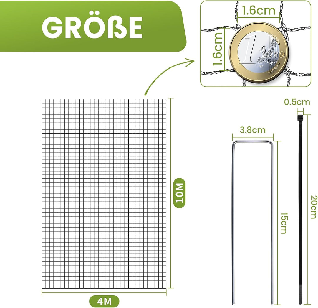 Teichnetz Feinmaschig 4×10m Vogelschutznetz Inkl. U-nägel &amp; Kabelbinder | Witterungs- &amp; UV-beständig