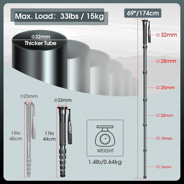 Manbily 32mm Einbeinstativ für Kameras 44cm-174cm aus Aluminium Monopod Stativ DSLR Reise-Einbeinsta